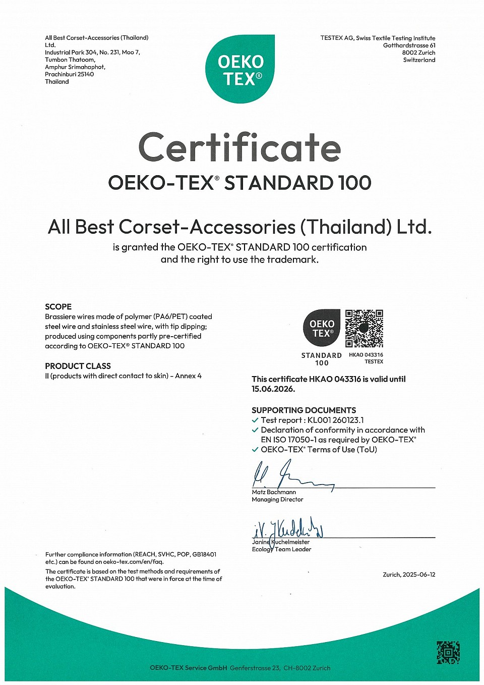 Oeko-Tex Standard 100  Brassiere wires
